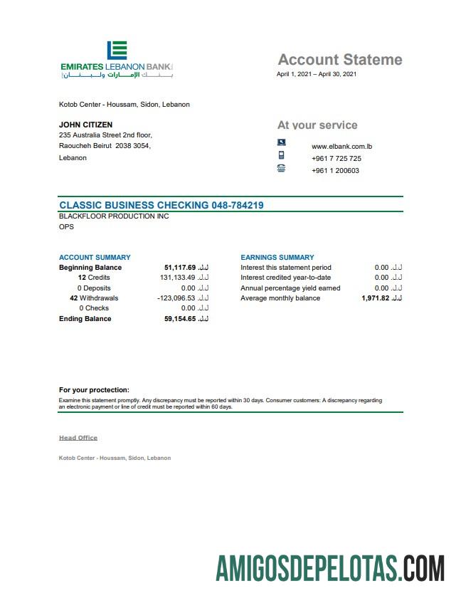 Modelo de extrato bancário do Líbano Emirados Líbano para impressão em formato Excel e PDF, bom para comprovação de endereço